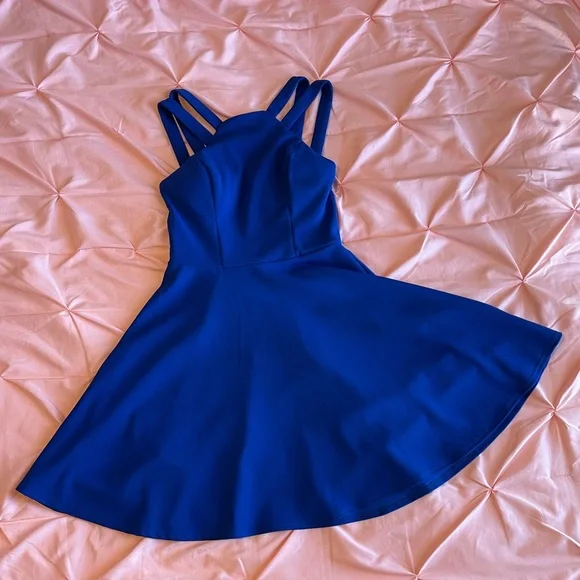 b smart blue dress B Smart Juniors Size 1 Straps Stretchy Blue Dress Zip Back Flare H7